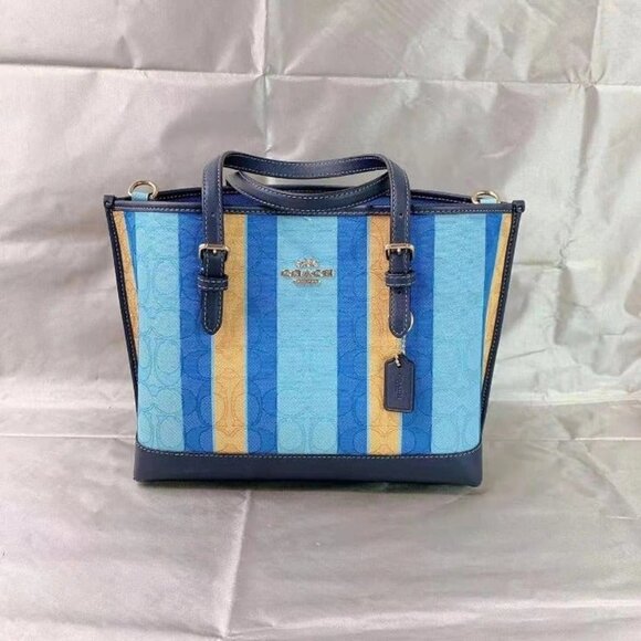 COACH C4086 MOLLIE TOTE 25 IN SIGNATURE JACQUARD WITH STRIPES IM/BLUE/YELLOW MUL - Picture 1 of 6